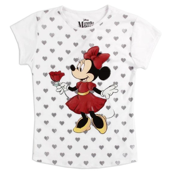 Disney Minnie Mouse Girls Short Sleeve T-Shirt with Silver Hearts | Graphic Tee - Picture 1 of 3